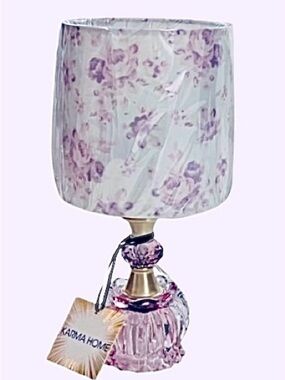 🆕- Vintage-Style Glass Fluted Lamp with Rose Lampshade. Soft Lilac & Pink